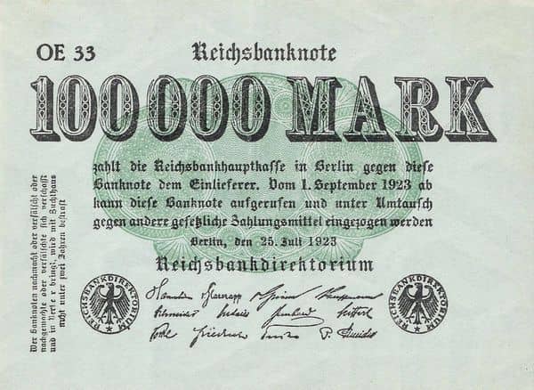 100000 Mark Reichsbanknote from Germany-Empire
