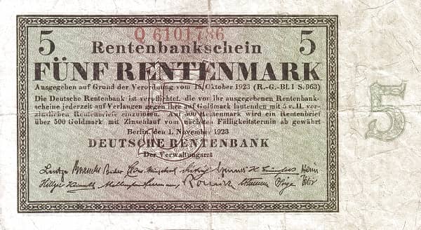 5 Rentenmark Rentenbank from Germany-Empire