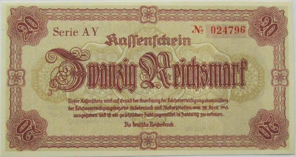 20 Reichsmark Sudetenland and Lower Silesia from Germany-Empire