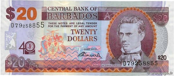 20 Dollars 40th Anniversary of the Central Bank from Barbados