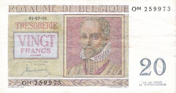 20 Francs Type 1950 from Belgium