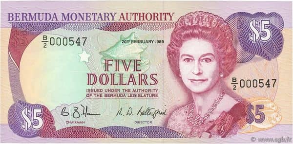 5 Dollars Elizabeth II 2 lines from Bermuda