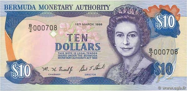 10 Dollars Elizabeth II 3 lines after DOLLARS from Bermuda