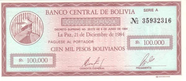 100000 Pesos Bolivianos from Bolivia