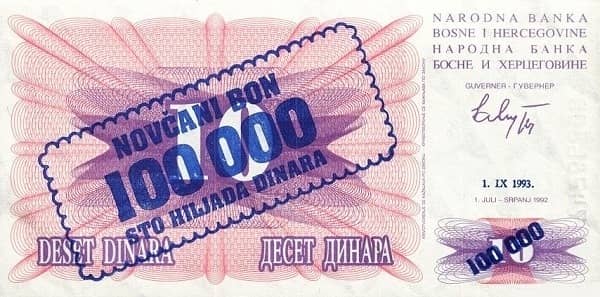 100000 Dinara from Bosnia Herzegovina