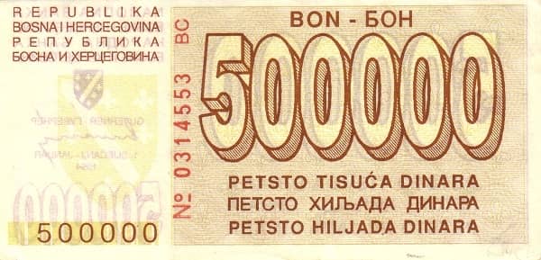 500000 Dinara from Bosnia Herzegovina