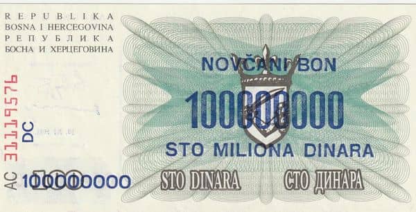 100000000 Dinara from Bosnia Herzegovina