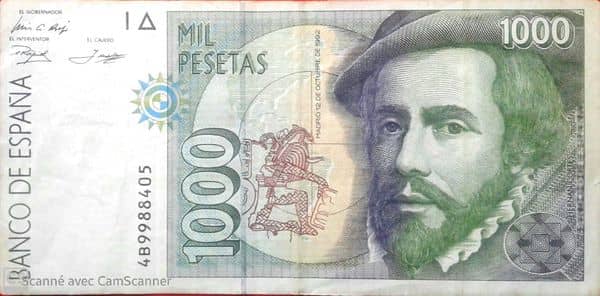 1000 Pesetas (Hernán Cortés) from Spain