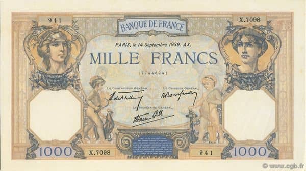 1000 francs Cérès et Mercure from France