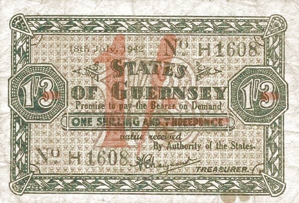 1 Shilling on 1 Shilling 3 Pence from Guernsey