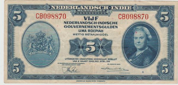5 Gulden Wilhelmina from Netherlands East Indies