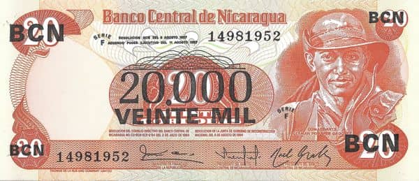 20000 Cordobas overprinted on 20 Cordobas from Nicaragua