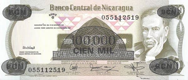 100000 Cordobas overprinted on 500 Cordobas from Nicaragua