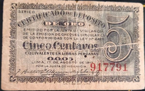 5 Centavos Certificado de depósito de oro from Peru