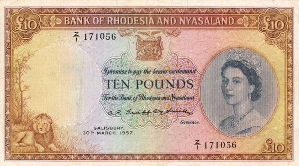 10 Pounds from Rhodesia & Nyasaland