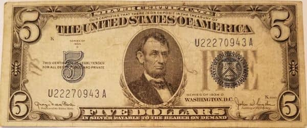 5 Dollars Silver Certificate from United States