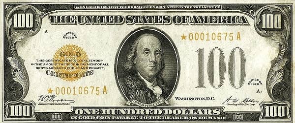 100 Dollars Gold Certificate from United States