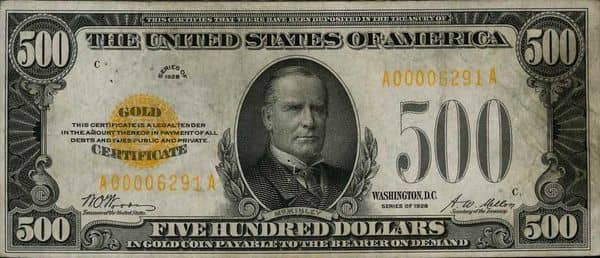 500 Dollars Gold Certificate from United States