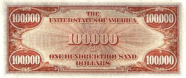 100000 Dollars Gold Certificate from United States