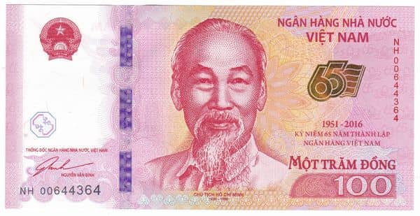 100 Dong - 65th Anniversary of the National Bank from Vietnam