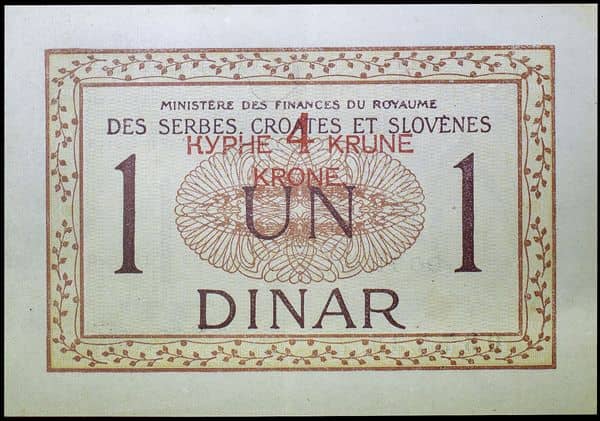 4 Krune overprint on 1 dinar from Yugoslavia