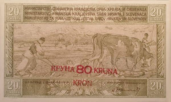 80 Kruna overprint on 20 dinara from Yugoslavia