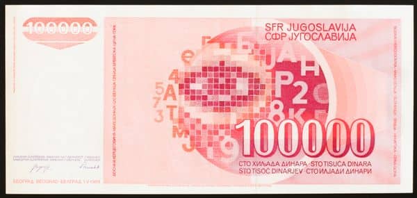 100000 Dinara from Yugoslavia