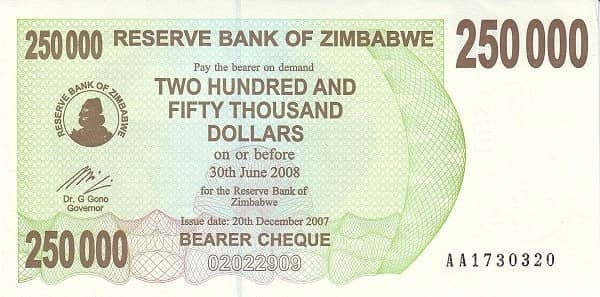 250000 Dollars from Zimbabwe