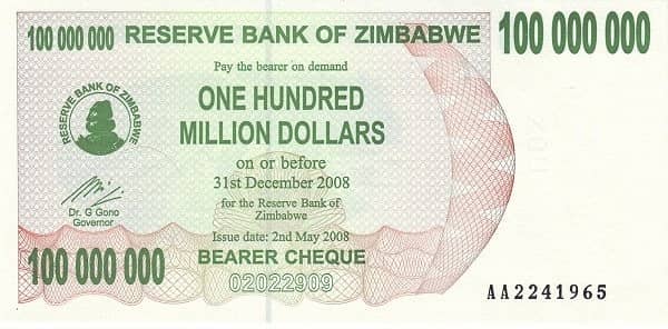 100000000 Dollars from Zimbabwe