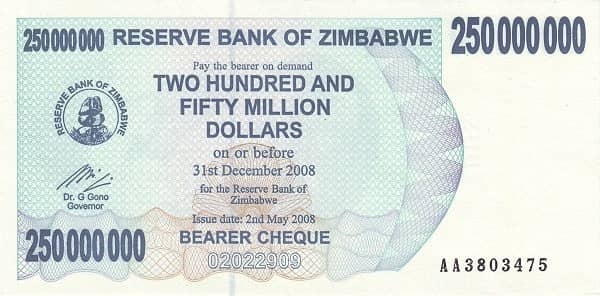 250000000 Dollars from Zimbabwe