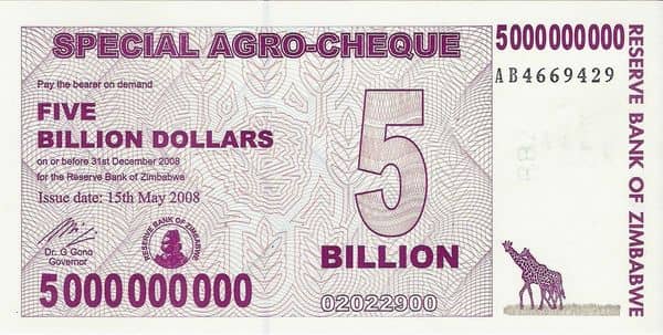 5000000000 Dollars Special Agro-Cheque from Zimbabwe