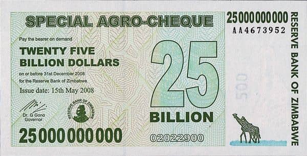 25000000000 Dollars Special Agro-Cheque from Zimbabwe
