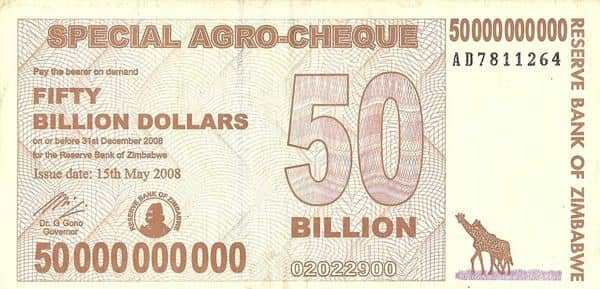 50000000000 Dollars Special Agro-Cheque from Zimbabwe