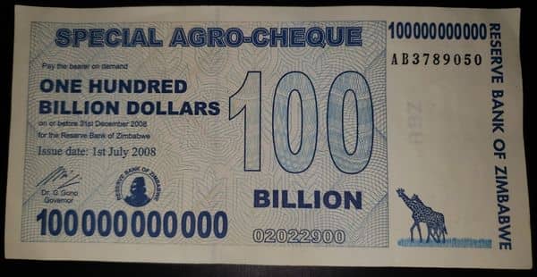100000000000 Dollars Special Agro-Cheque from Zimbabwe